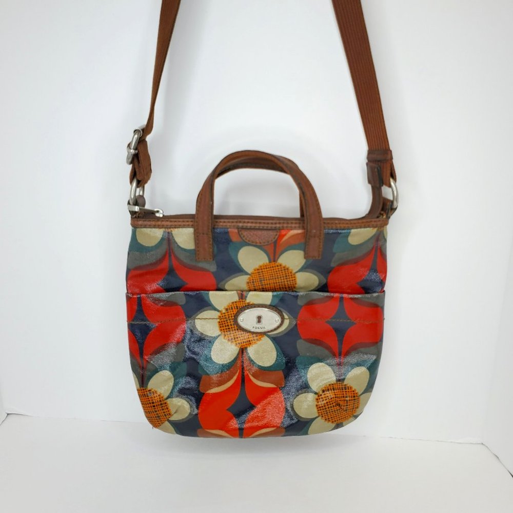 FOSSIL KEY-PER Floral Retro Coated Canvas 10''X10''  Crossbody Purse Bag.